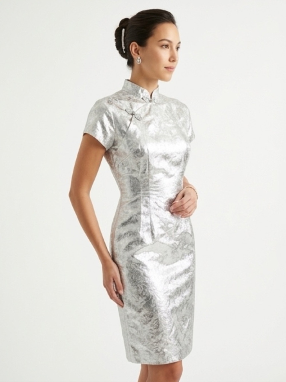 Vintage Metallic Silver Cheongsam-Style Women's Dress - Picture 2 of 15